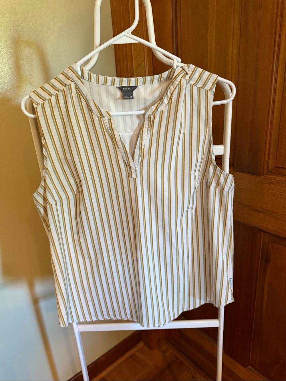 Eddie Bauer White,Mustard and light teal  Striped Sleeveless V-Neck Camisole